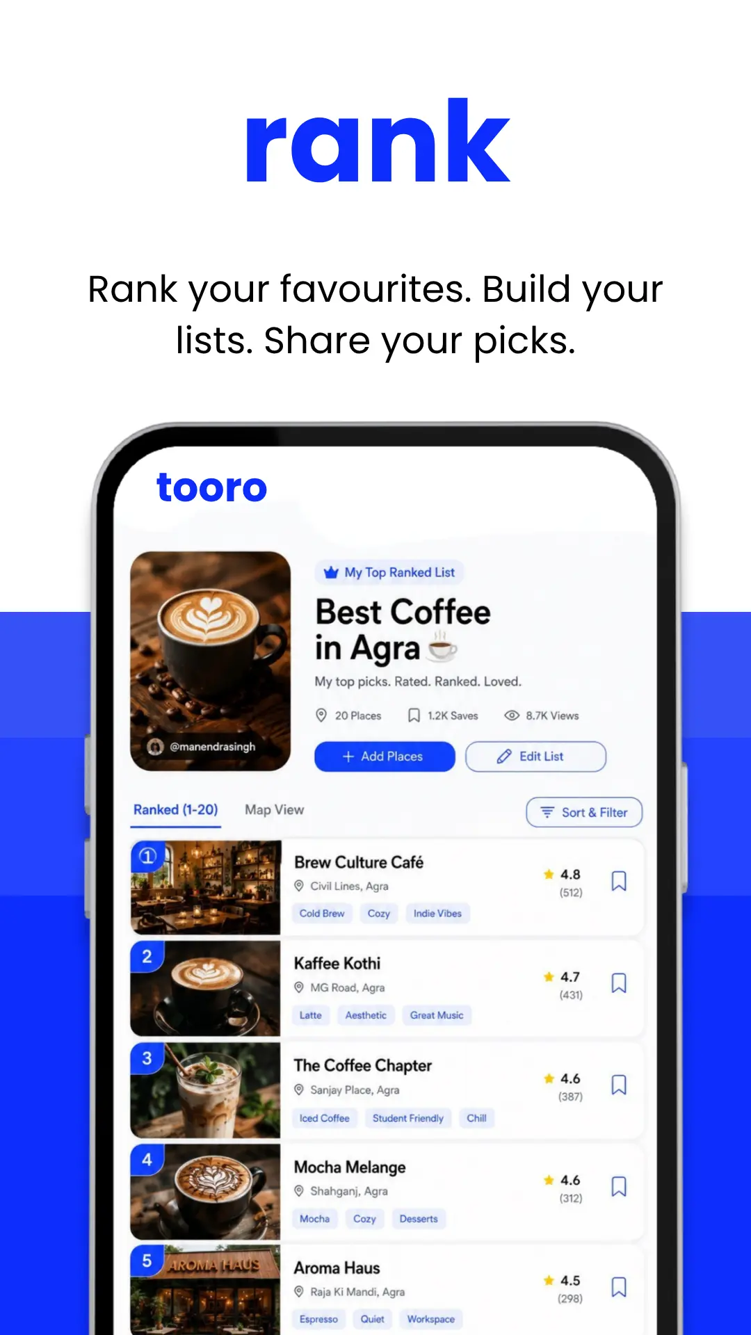 Tooro app ranking and custom food list
